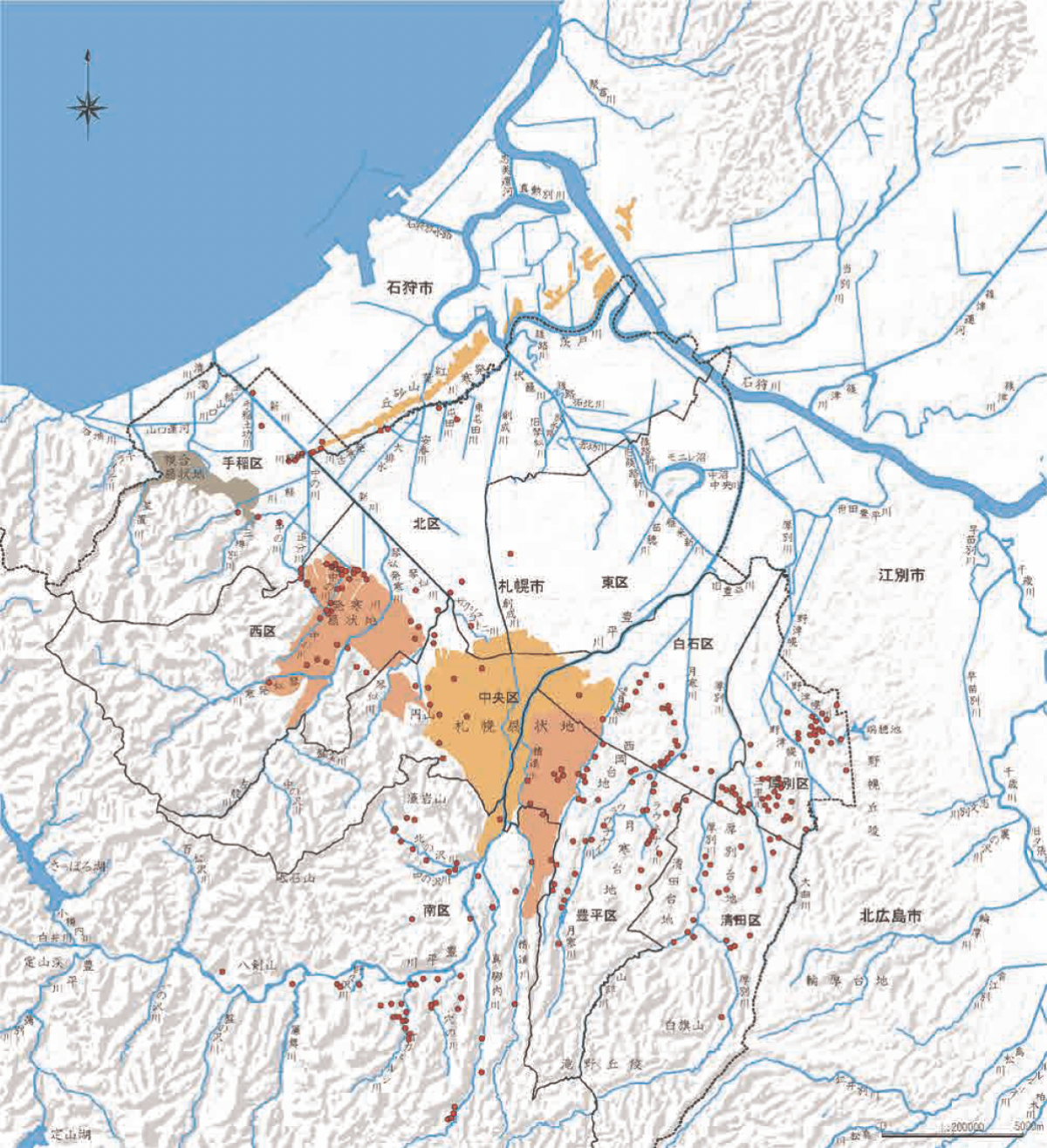 札幌市内の扇状地と縄文遺跡分布